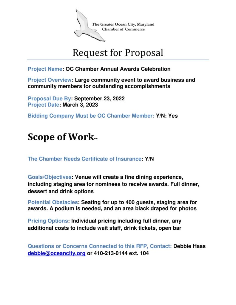 image of request for proposal regarding the OC Chamber Annual Awards Celebration
