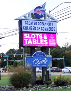 a sign for a restaurant called ocean city chamber of commerce