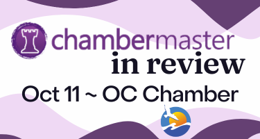 a purple and white banner with the words chambermaster in review