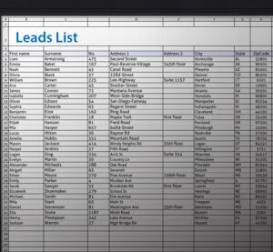 a screenshot of a spreadsheet with the words leads list